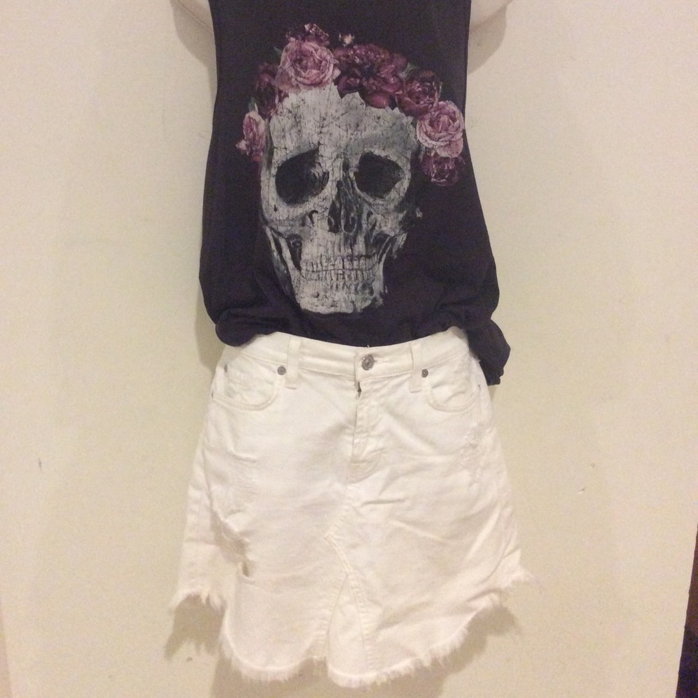 Distressed Mini Denim Skirt in white.